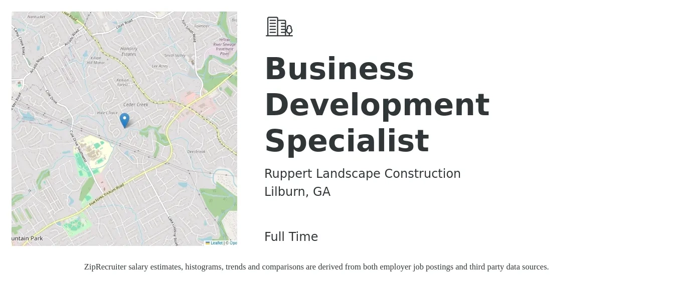 Ruppert Landscape Construction job posting for a Business Development Specialist in Lilburn, GA with a salary of $43,300 to $72,300 Yearly with a map of Lilburn location.