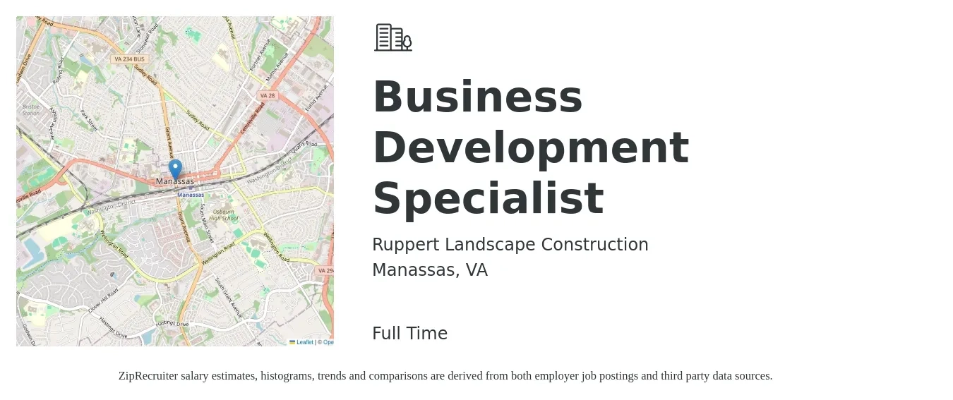 Ruppert Landscape Construction job posting for a Business Development Specialist in Manassas, VA with a salary of $47,000 to $78,500 Yearly with a map of Manassas location.