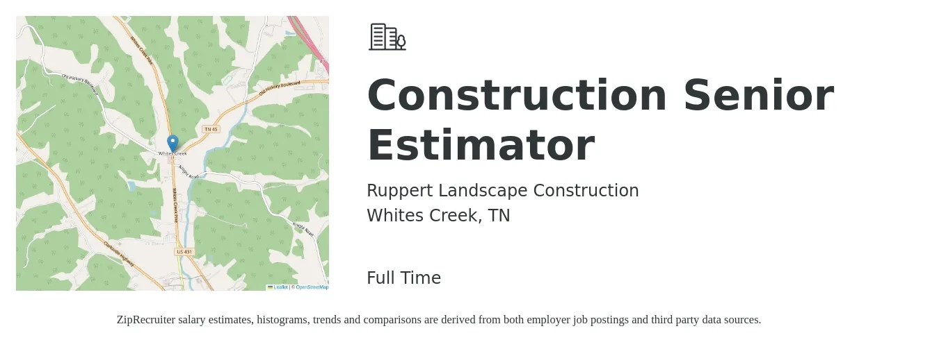 Ruppert Landscape Construction job posting for a Construction Senior Estimator in Whites Creek, TN with a salary of $98,500 to $151,900 Yearly with a map of Whites Creek location.