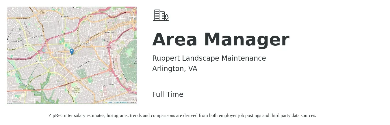 Ruppert Landscape Maintenance job posting for a Area Manager in Arlington, VA with a salary of $44,300 to $82,300 Yearly with a map of Arlington location.