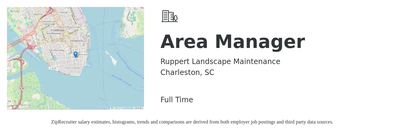 Ruppert Landscape Maintenance job posting for a Area Manager in Charleston, SC with a salary of $36,000 to $66,900 Yearly with a map of Charleston location.