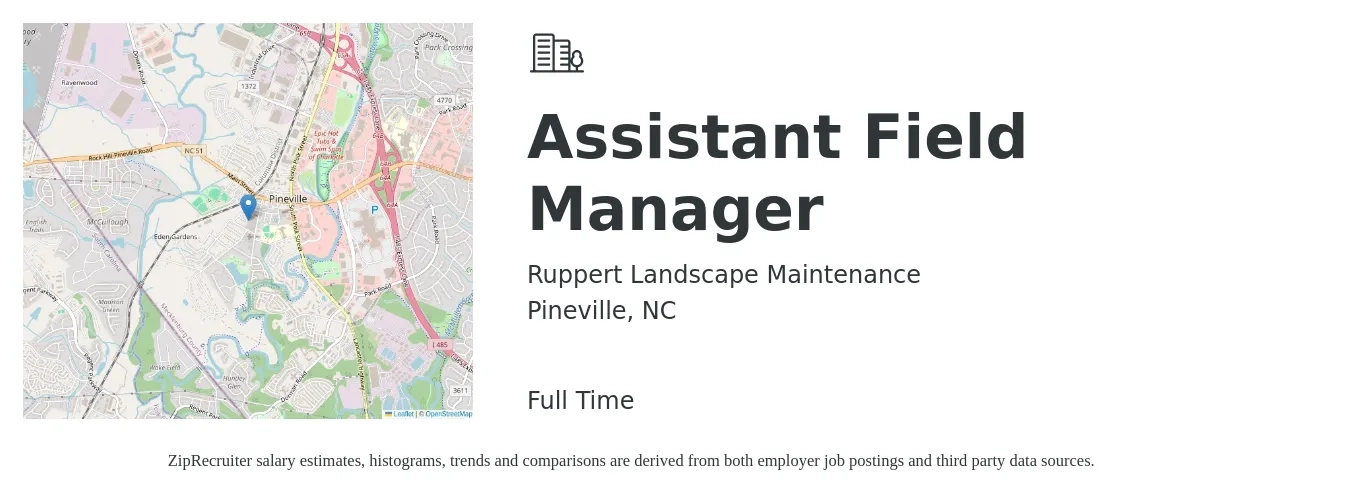 Ruppert Landscape Maintenance job posting for a Assistant Field Manager in Pineville, NC with a salary of $30,800 to $47,500 Yearly with a map of Pineville location.