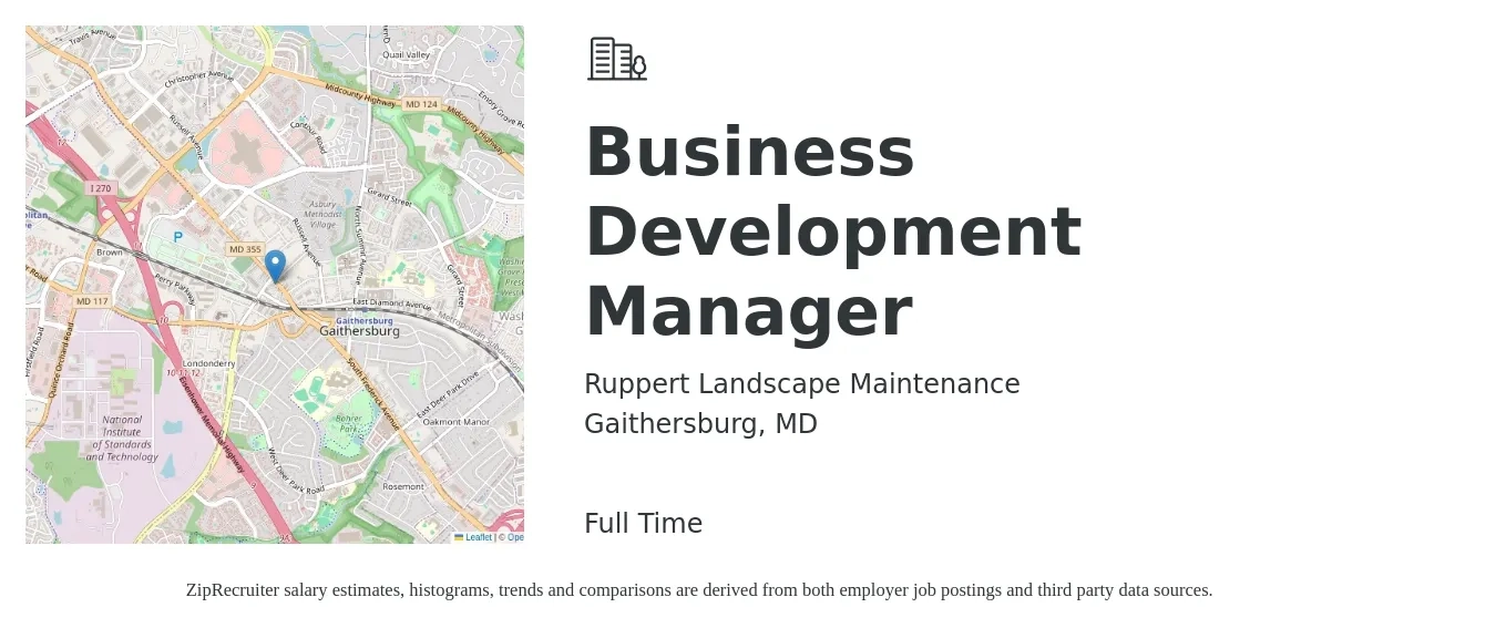 Ruppert Landscape Maintenance job posting for a Business Development Manager in Gaithersburg, MD with a salary of $65,900 to $108,000 Yearly with a map of Gaithersburg location.