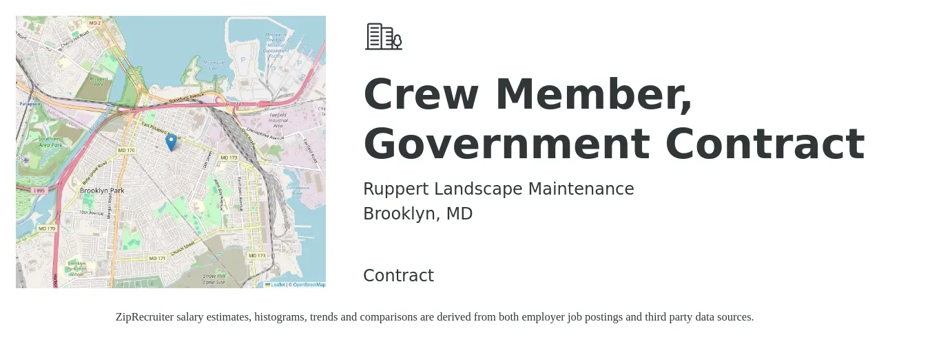 Ruppert Landscape Maintenance job posting for a Crew Member, Government Contract in Brooklyn, MD with a salary of $11 to $15 Hourly with a map of Brooklyn location.