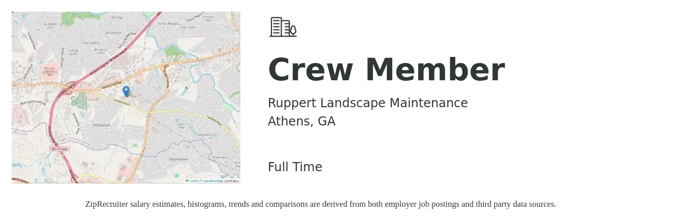 Ruppert Landscape Maintenance job posting for a Crew Member in Athens, GA with a salary of $12 to $15 Hourly with a map of Athens location.