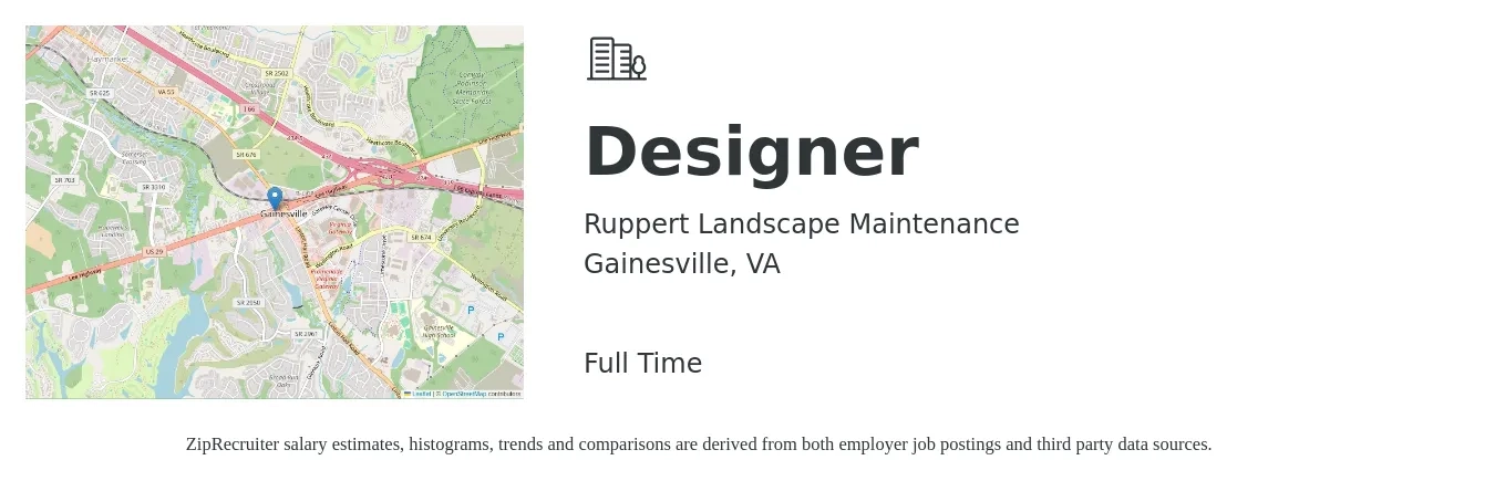 Ruppert Landscape Maintenance job posting for a Designer in Gainesville, VA with a salary of $52,300 to $73,000 Yearly with a map of Gainesville location.