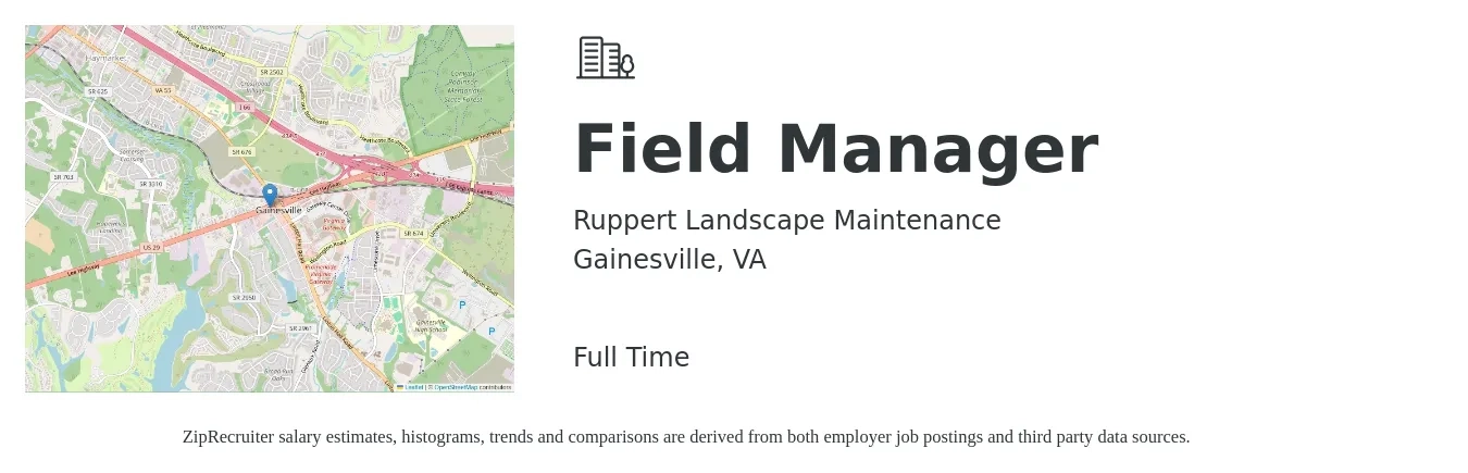 Ruppert Landscape Maintenance job posting for a Field Manager in Gainesville, VA with a salary of $50,800 to $84,800 Yearly with a map of Gainesville location.