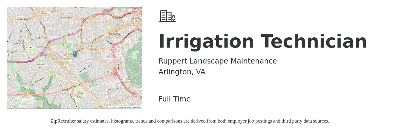 Ruppert Landscape Maintenance job posting for a Irrigation Technician in Arlington, VA with a salary of $22 to $29 Hourly with a map of Arlington location.