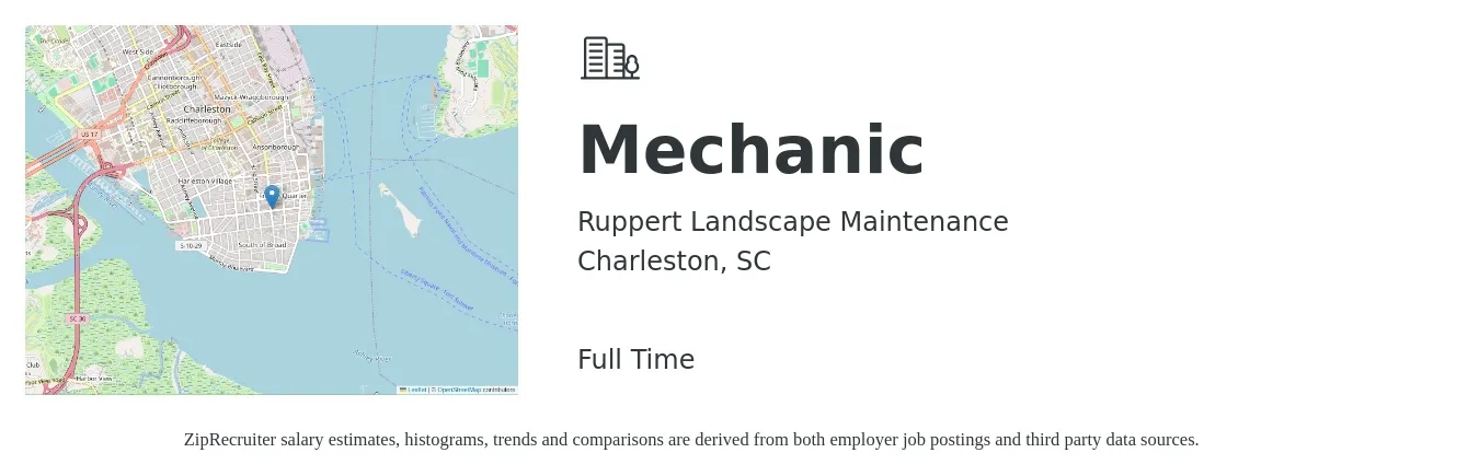 Ruppert Landscape Maintenance job posting for a Mechanic in Charleston, SC with a salary of $19 to $28 Hourly with a map of Charleston location.