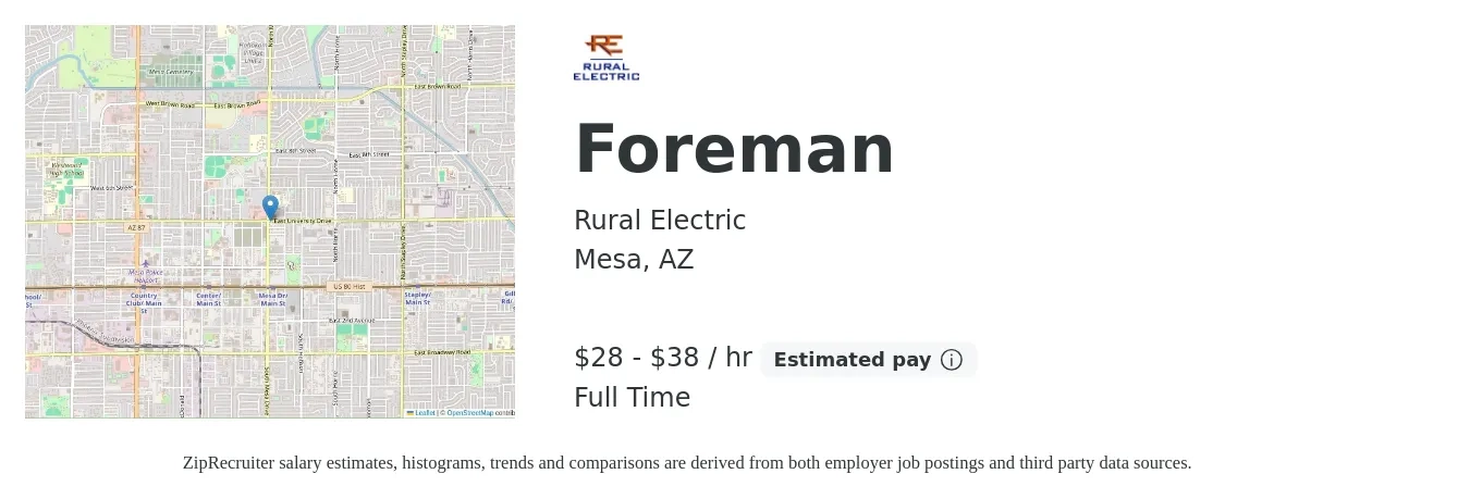Rural Electric job posting for a Foreman in Mesa, AZ with a salary of $30 to $40 Hourly with a map of Mesa location.