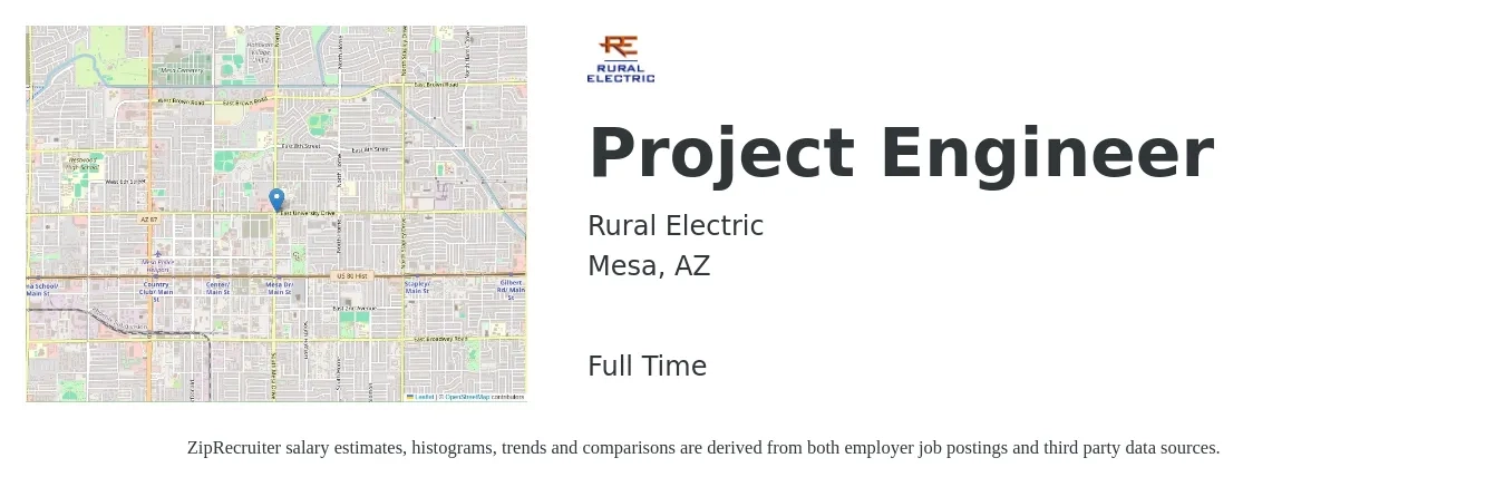 Rural Electric job posting for a Project Engineer in Mesa, AZ with a salary of $71,400 to $99,800 Yearly with a map of Mesa location.