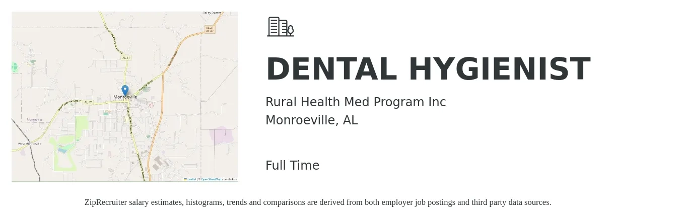 Rural Health Med Program Inc job posting for a DENTAL HYGIENIST in Monroeville, AL with a salary of $30 to $40 Hourly with a map of Monroeville location.