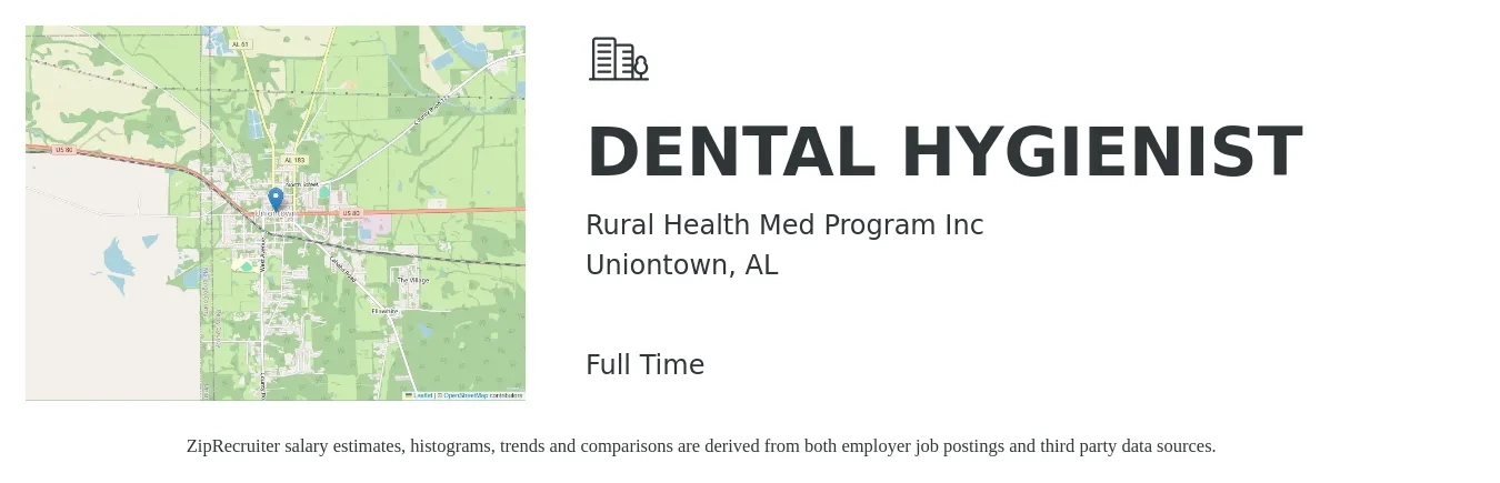 Rural Health Med Program Inc job posting for a DENTAL HYGIENIST in Uniontown, AL with a salary of $28 to $37 Hourly with a map of Uniontown location.
