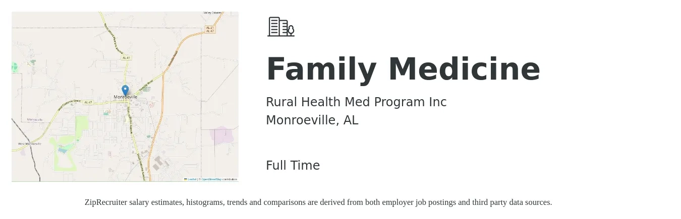 Rural Health Med Program Inc job posting for a Family Medicine in Monroeville, AL with a salary of $87,300 to $110,600 Yearly with a map of Monroeville location.