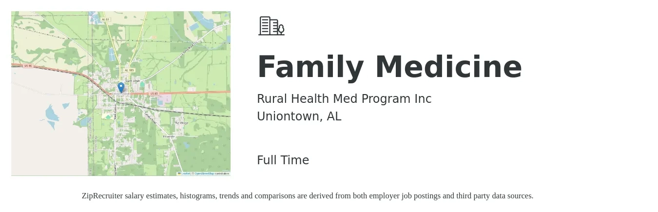 Rural Health Med Program Inc job posting for a Family Medicine in Uniontown, AL with a salary of $81,900 to $103,800 Yearly with a map of Uniontown location.