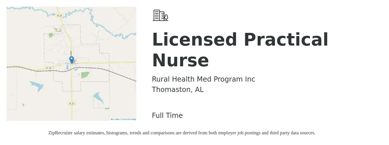 Rural Health Med Program Inc job posting for a Licensed Practical Nurse in Thomaston, AL with a salary of $23 to $32 Hourly with a map of Thomaston location.
