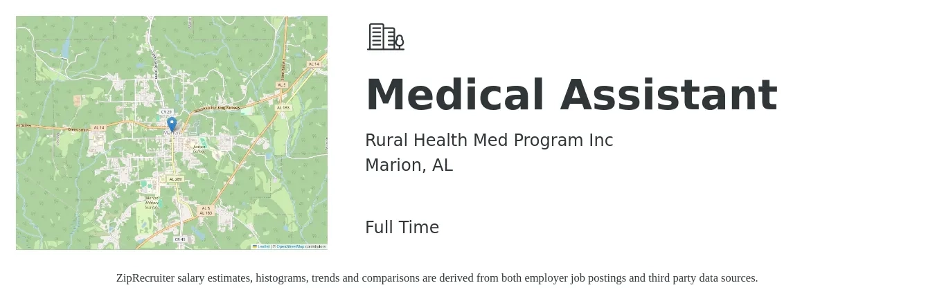 Rural Health Med Program Inc job posting for a Medical Assistant in Marion, AL with a salary of $10 to $12 Hourly with a map of Marion location.