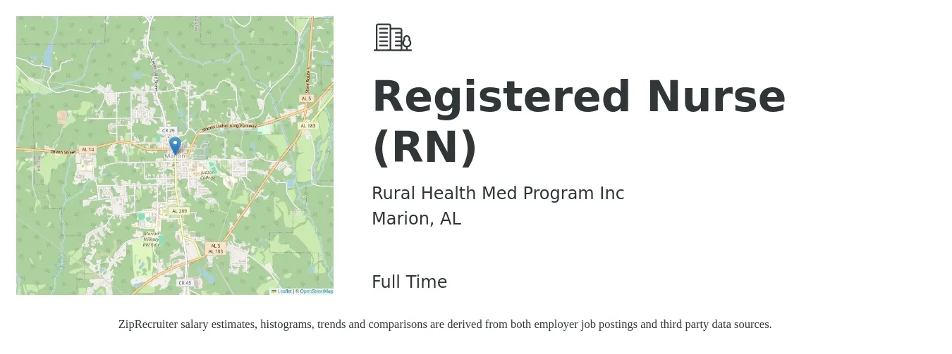 Rural Health Med Program Inc job posting for a Registered Nurse (RN) in Marion, AL with a salary of $18 to $28 Hourly with a map of Marion location.
