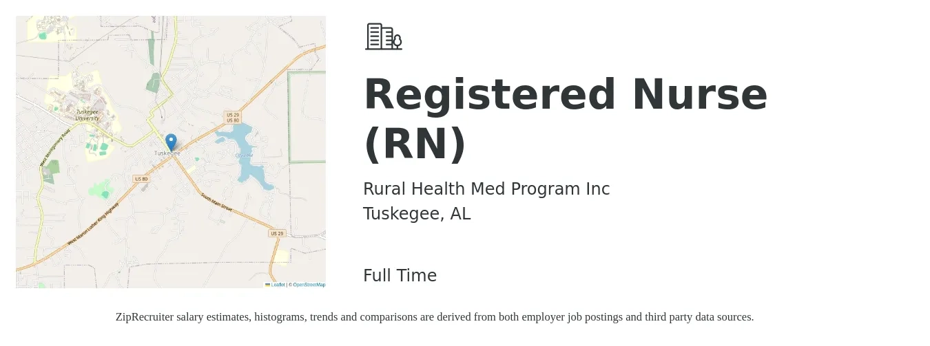Rural Health Med Program Inc job posting for a Registered Nurse (RN) in Tuskegee, AL with a salary of $30 to $48 Hourly with a map of Tuskegee location.