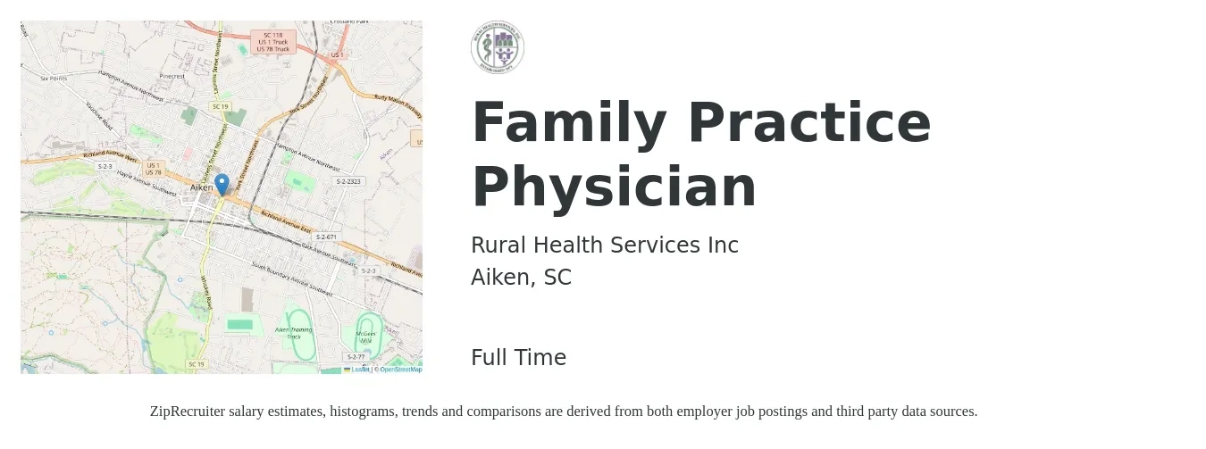 Rural Health Services Inc job posting for a Family Practice Physician in Aiken, SC with a salary of $109,800 to $212,800 Yearly with a map of Aiken location.