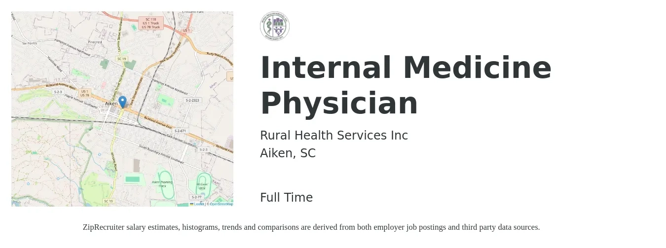 Rural Health Services Inc job posting for a Internal Medicine Physician in Aiken, SC with a salary of $91,500 to $190,500 Yearly with a map of Aiken location.