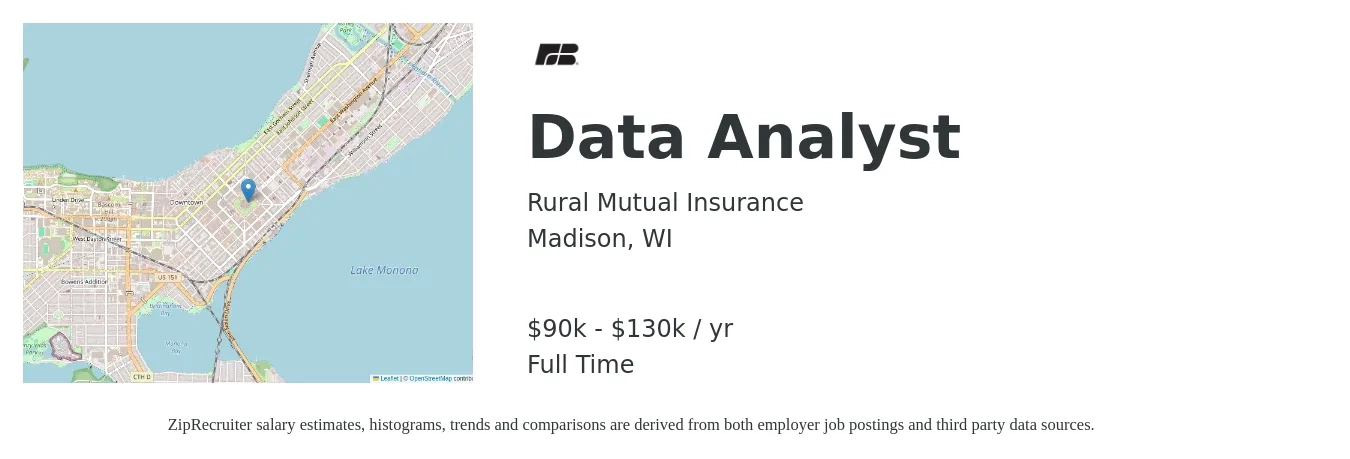 Rural Mutual Insurance job posting for a Data Analyst in Madison, WI with a salary of $90,000 to $130,000 Yearly with a map of Madison location.