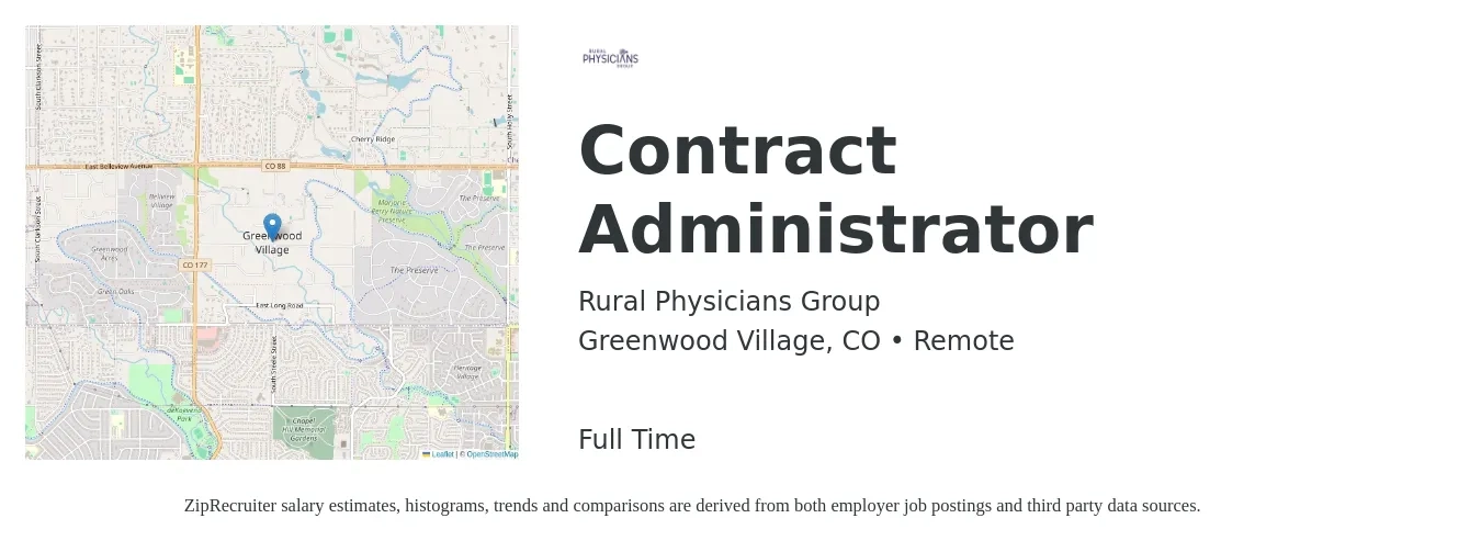 Rural Physicians Group job posting for a Contract Administrator in Greenwood Village, CO with a salary of $58,000 to $89,000 Yearly with a map of Greenwood Village location.
