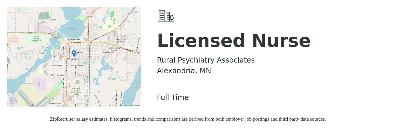 Rural Psychiatry Associates job posting for a Licensed Nurse in Alexandria, MN with a salary of $30 to $43 Hourly with a map of Alexandria location.