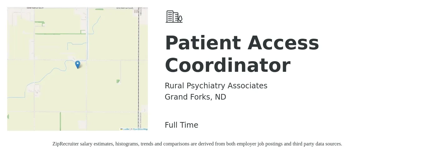 Rural Psychiatry Associates job posting for a Patient Access Coordinator in Grand Forks, ND with a salary of $16 to $20 Hourly with a map of Grand Forks location.