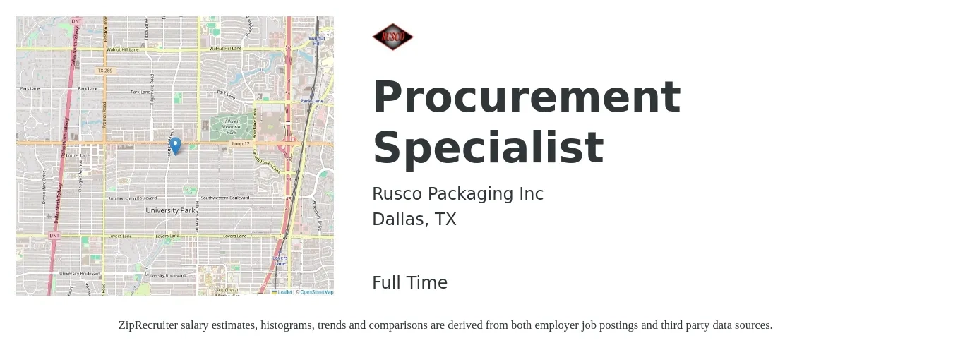 Rusco Packaging Inc job posting for a Procurement Specialist in Dallas, TX with a salary of $23 to $35 Hourly with a map of Dallas location.
