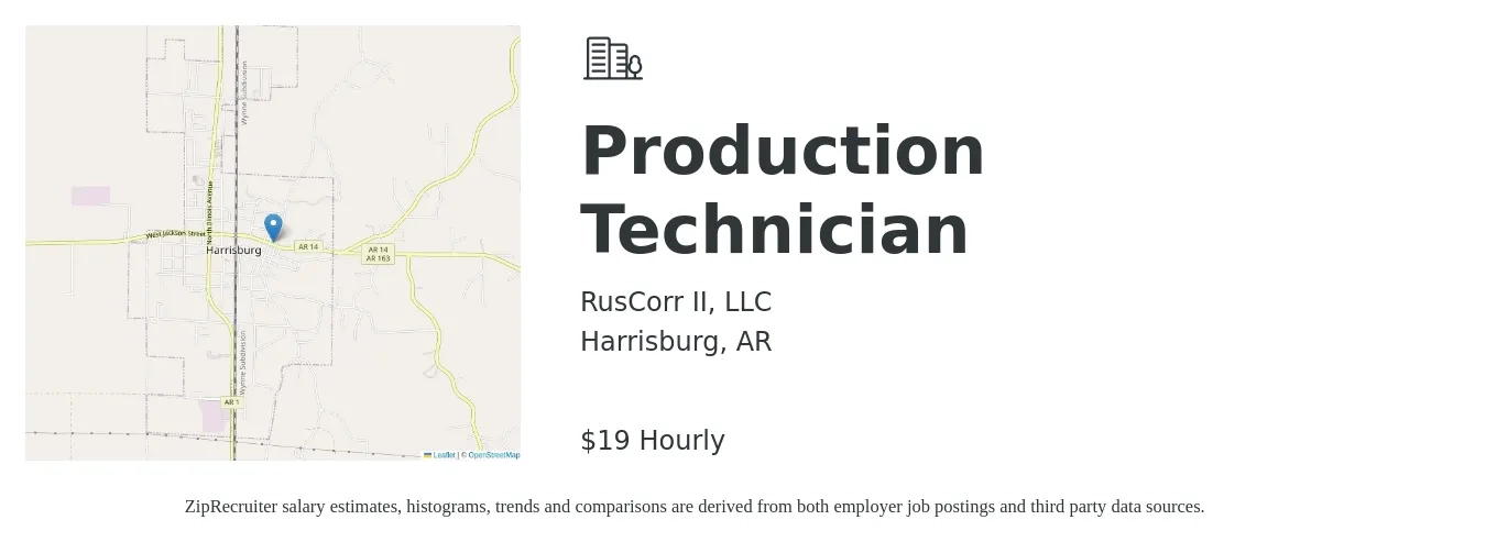 RusCorr II, LLC job posting for a Production Technician in Harrisburg, AR with a salary of $20 Hourly with a map of Harrisburg location.