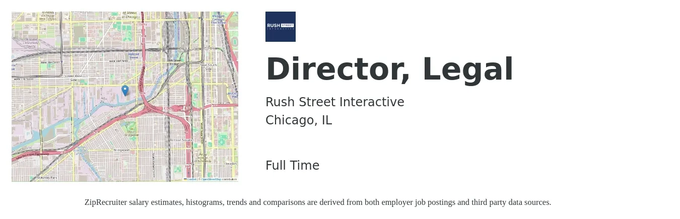 Rush Street Interactive job posting for a Director, Legal in Chicago, IL with a salary of $112,300 to $165,300 Yearly with a map of Chicago location.