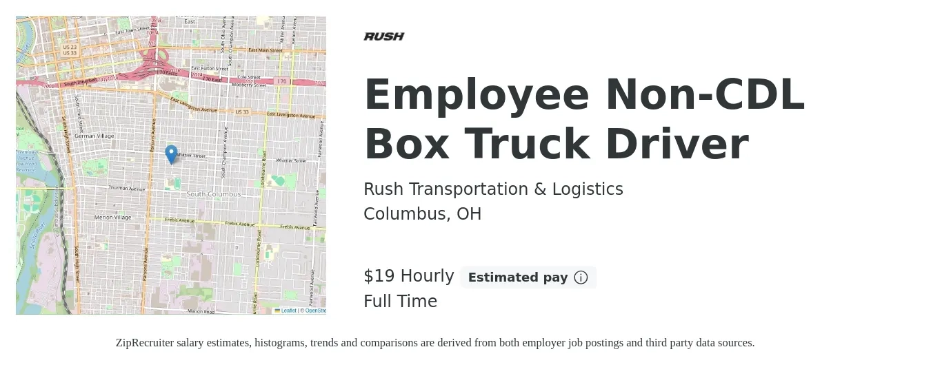 Rush Transportation & Logistics job posting for a Employee Non-CDL Box Truck Driver in Columbus, OH with a salary of $20 Hourly with a map of Columbus location.