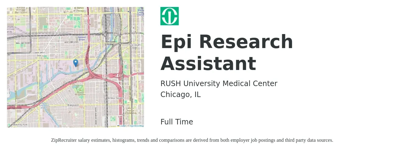 RUSH University Medical Center job posting for a Epi Research Assistant in Chicago, IL with a salary of $20 to $27 Hourly with a map of Chicago location.