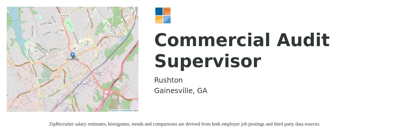 Rushton job posting for a Commercial Audit Supervisor in Gainesville, GA with a salary of $97,000 to $127,300 Yearly with a map of Gainesville location.