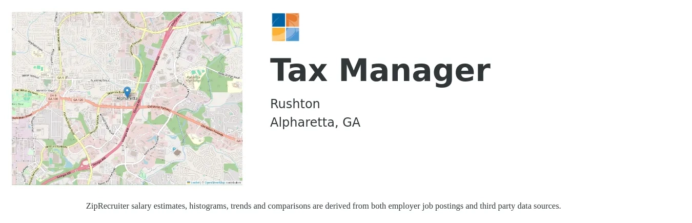 Rushton job posting for a Tax Manager in Alpharetta, GA with a salary of $107,100 to $140,400 Yearly with a map of Alpharetta location.