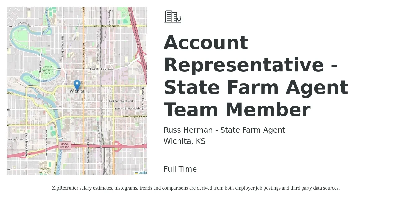 Russ Herman - State Farm Agent job posting for a Account Representative - State Farm Agent Team Member in Wichita, KS with a salary of $35,800 to $49,200 Yearly with a map of Wichita location.