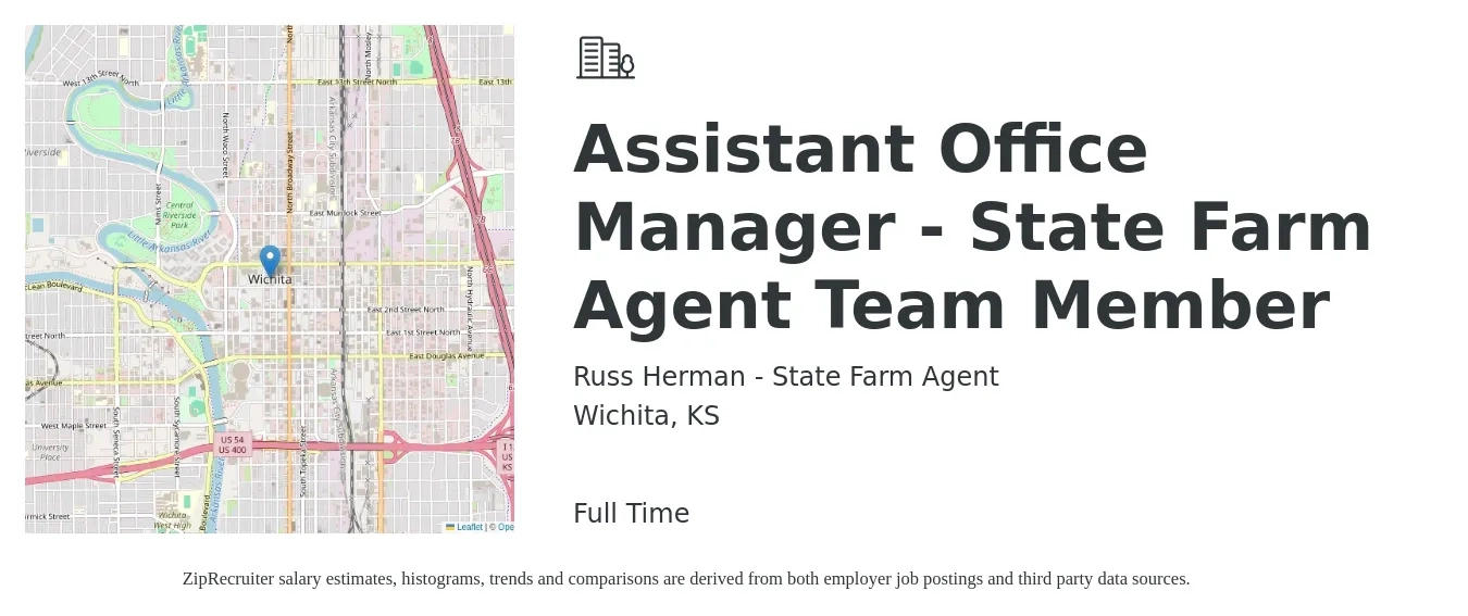 Russ Herman - State Farm Agent job posting for a Assistant Office Manager - State Farm Agent Team Member in Wichita, KS with a salary of $37,600 to $56,800 Yearly with a map of Wichita location.
