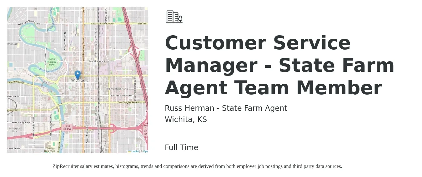 Russ Herman - State Farm Agent job posting for a Customer Service Manager - State Farm Agent Team Member in Wichita, KS with a salary of $35,800 to $49,200 Yearly with a map of Wichita location.