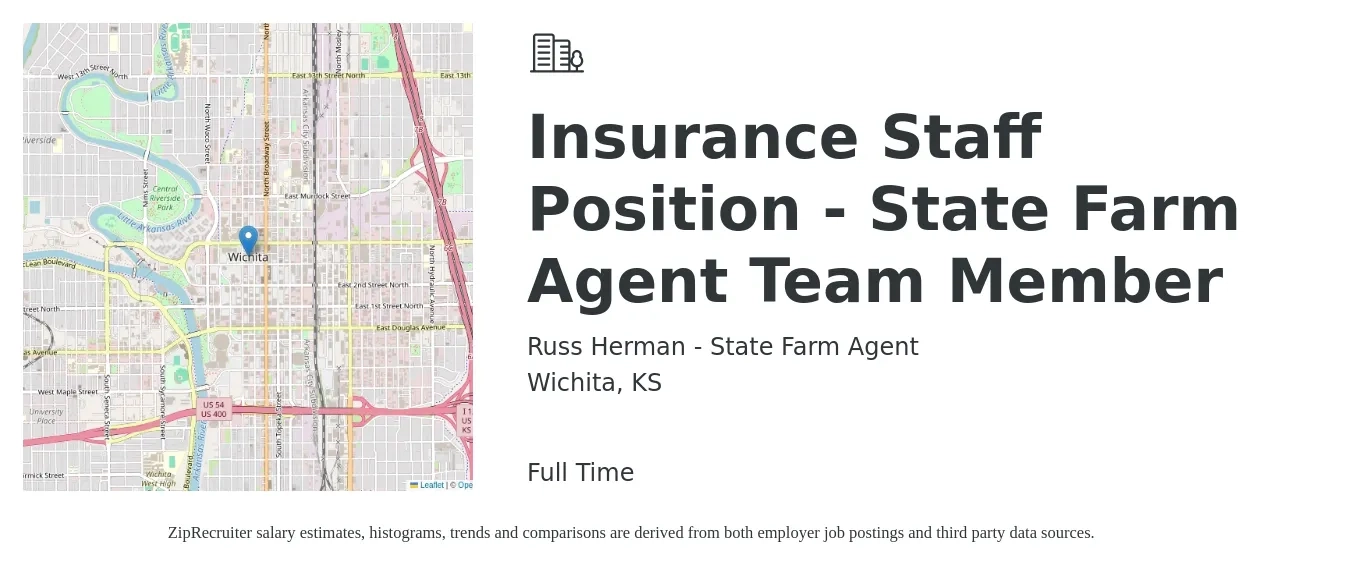 Russ Herman - State Farm Agent job posting for a Insurance Staff Position - State Farm Agent Team Member in Wichita, KS with a salary of $16 to $44 Hourly with a map of Wichita location.