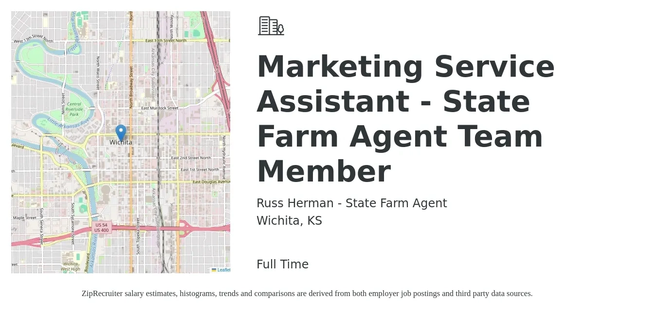 Russ Herman - State Farm Agent job posting for a Marketing Service Assistant - State Farm Agent Team Member in Wichita, KS with a salary of $35,800 to $45,200 Yearly with a map of Wichita location.
