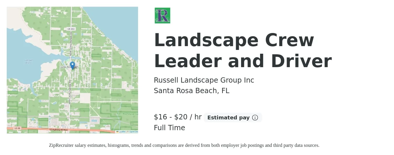 Russell Landscape Group Inc job posting for a Landscape Crew Leader and Driver in Santa Rosa Beach, FL with a salary of $17 to $21 Hourly with a map of Santa Rosa Beach location.