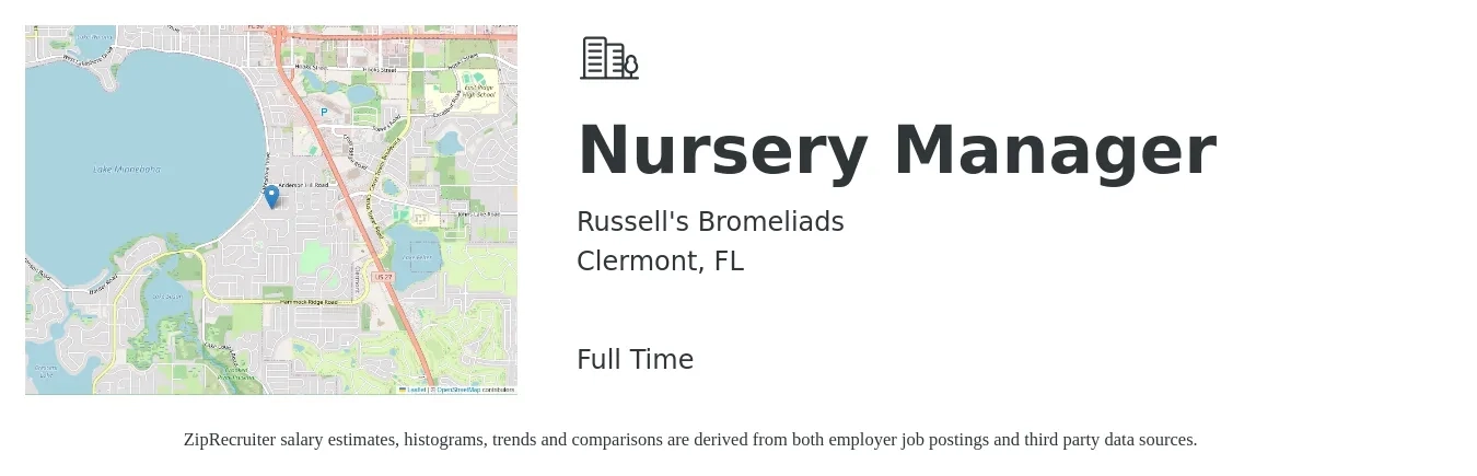 Russell's Bromeliads job posting for a Nursery Manager in Clermont, FL with a salary of $85,000 Yearly with a map of Clermont location.