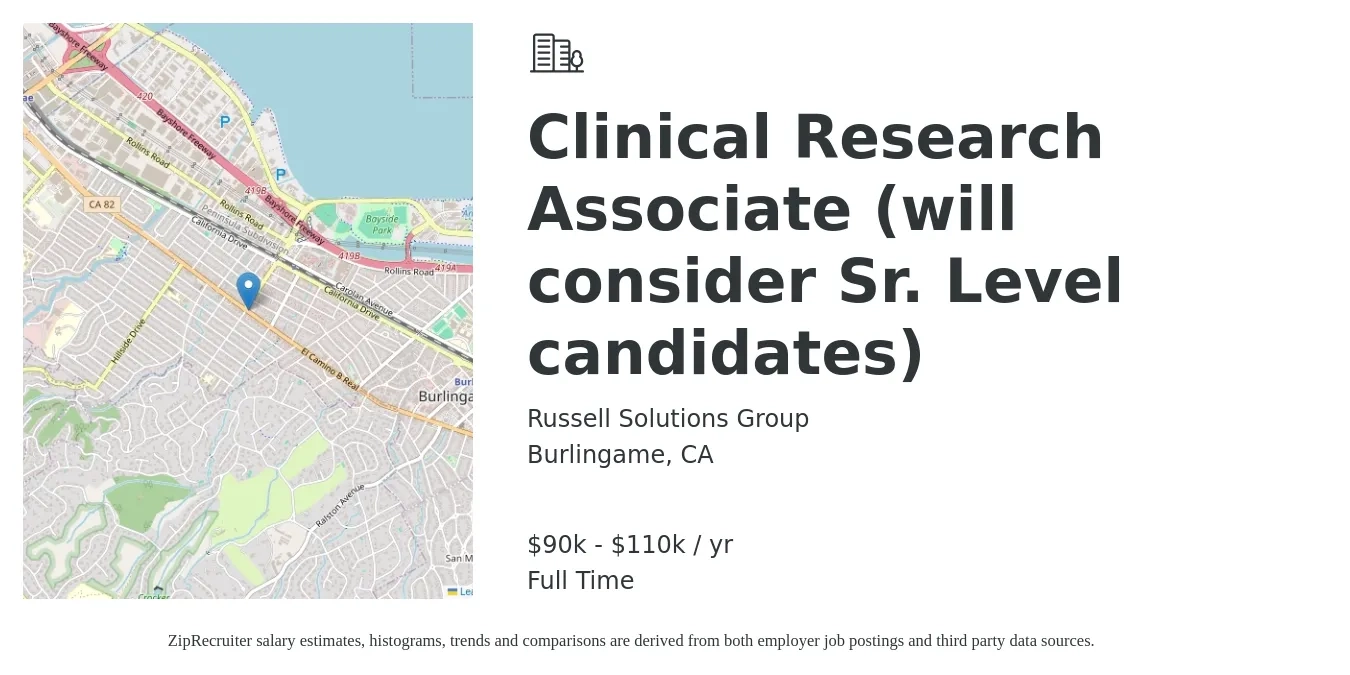 Russell Solutions Group job posting for a Clinical Research Associate (will consider Sr. Level candidates) in Burlingame, CA with a salary of $90,000 to $110,000 Yearly with a map of Burlingame location.