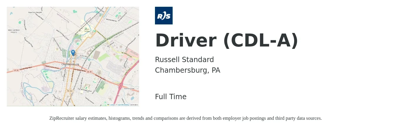Russell Standard job posting for a Driver (CDL-A) in Chambersburg, PA with a salary of $25 to $43 Hourly with a map of Chambersburg location.