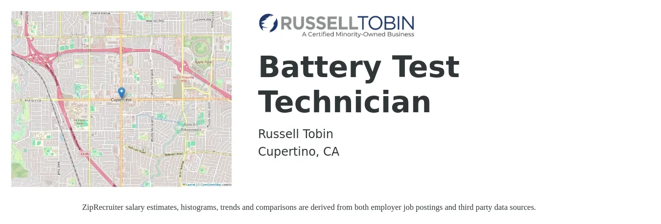 Russell Tobin job posting for a Battery Test Technician in Cupertino, CA with a salary of $26 to $37 Hourly with a map of Cupertino location.