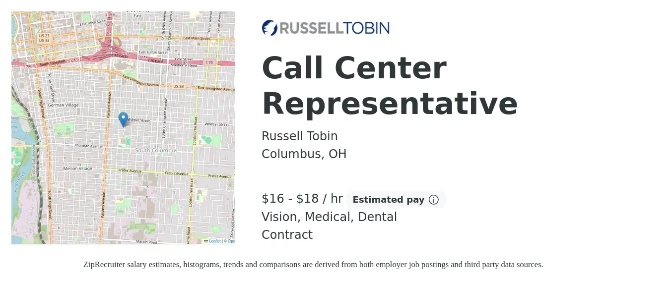 Russell Tobin job posting for a Call Center Representative in Columbus, OH with a salary of $19 Hourly with a map of Columbus location.