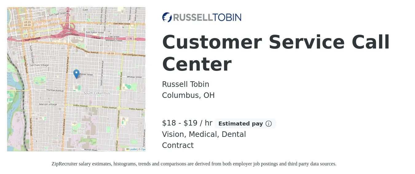 Russell Tobin job posting for a Customer Service Call Center in Columbus, OH with a salary of $19 to $20 Hourly and benefits including dental, life_insurance, medical, retirement, and vision with a map of Columbus location.
