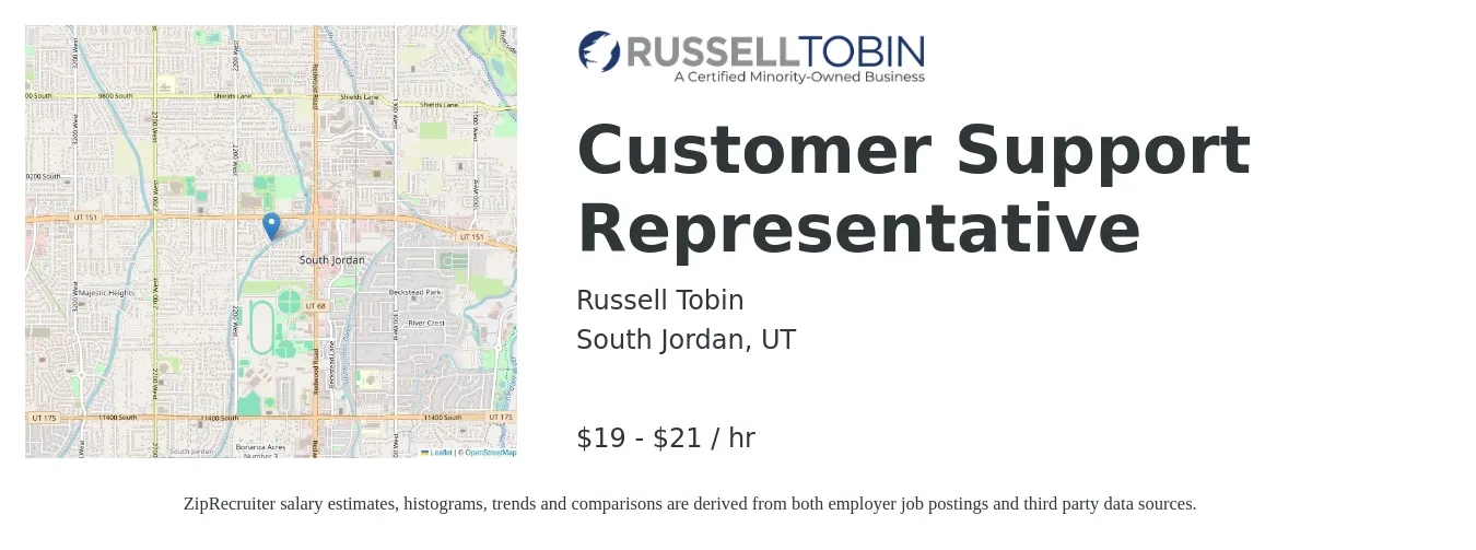 Russell Tobin job posting for a Customer Support Representative in South Jordan, UT with a salary of $20 to $22 Hourly with a map of South Jordan location.