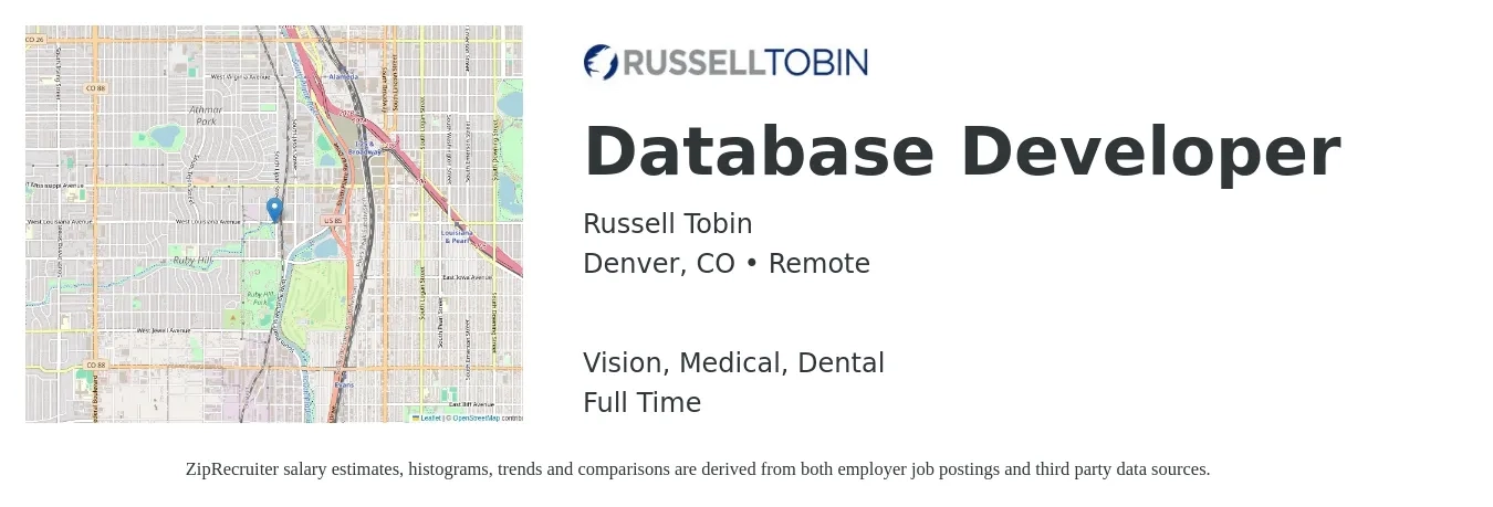 Russell Tobin job posting for a Database Developer in Denver, CO with a salary of $46 to $64 Hourly and benefits including life_insurance, medical, retirement, vision, and dental with a map of Denver location.